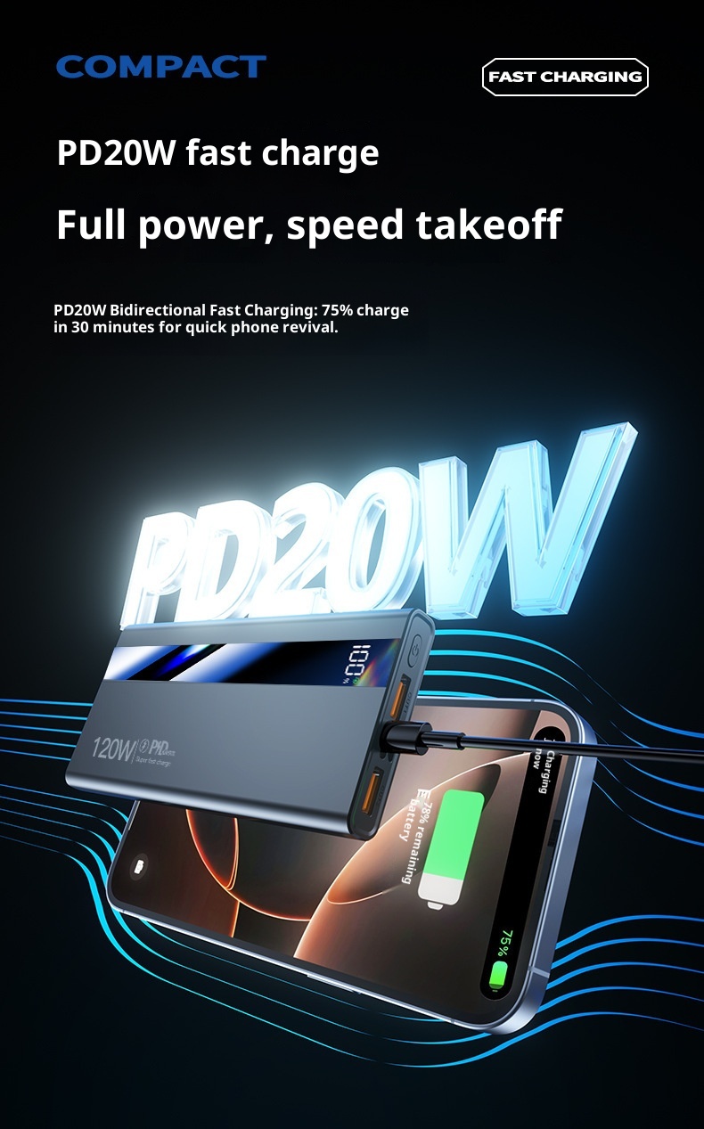 techglobe 3C Certified 120W Fast Charging 20000mAh Bank Large Capacity Portable Mobile Power Supply Gift Wholesale Digital Display_voghion.com