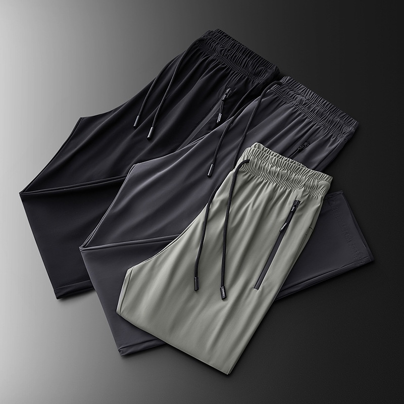 Pantaloni sportivi elastici da uomo, pantaloni estivi sottili in seta ghiacciata di grandi dimensioni, pantaloni lunghi dritti casual traspiranti ad asciugatura rapida per uomo_voghion.com