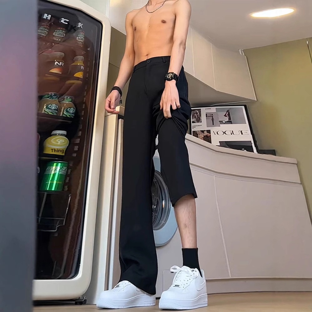 boy Black Straight-Leg Trousers With Draped Feel, High-End Scimitar Flared For Men, Spring And Autumn Long Casual Suit Pants_voghion.com