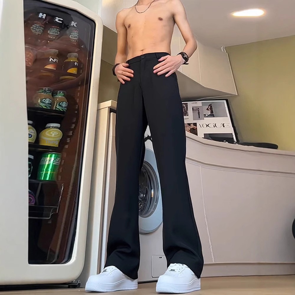 boy Black Straight-Leg Trousers With Draped Feel, High-End Scimitar Flared For Men, Spring And Autumn Long Casual Suit Pants_voghion.com