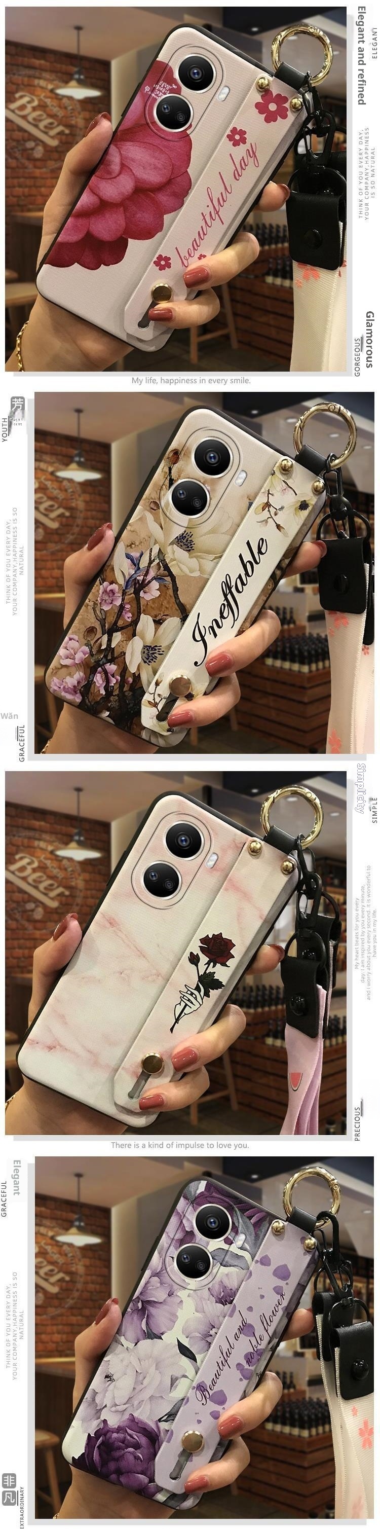 TechGlobe Compatible With IPhone Samsung Phone Case Oppo Floral Wrist Strap Texture Vivo Retro Trendy Xiaomi Shockproof Huawei_voghion.com