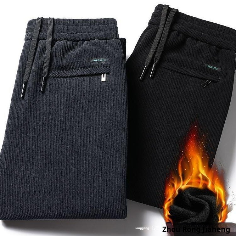 Pantaloni della tuta da uomo in velluto a coste spesso, con elastico in vita, autunno inverno, larghi e dritti, foderati in pile_voghion.com