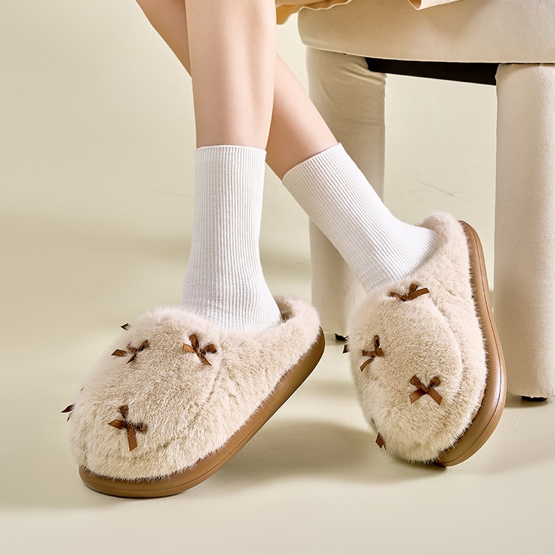 Zees Bowknot For Women Winter Indoor Thick Sole Furry Home Plush Warm Cotton Slippers_voghion.com