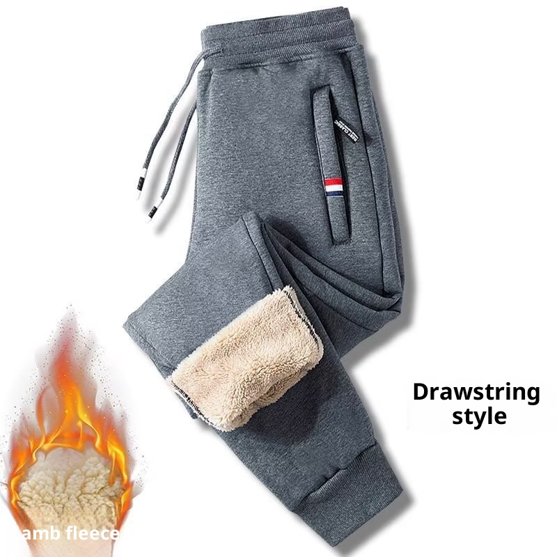 boy Autumn Winter Lamb Wool Casual Men's Fleece Lined Thickened Plus Size Loose Fit Joggers Cuffed Straight Leg Warm Pants_voghion.com