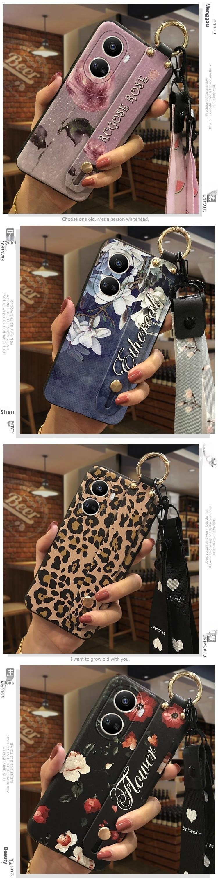 TechGlobe Compatible With IPhone Samsung Phone Case Oppo Floral Wrist Strap Texture Vivo Retro Trendy Xiaomi Shockproof Huawei_voghion.com