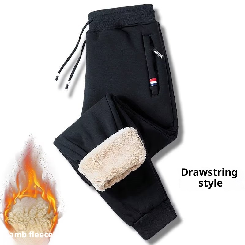 boy Autumn Winter Lamb Wool Casual Men's Fleece Lined Thickened Plus Size Loose Fit Joggers Cuffed Straight Leg Warm Pants_voghion.com