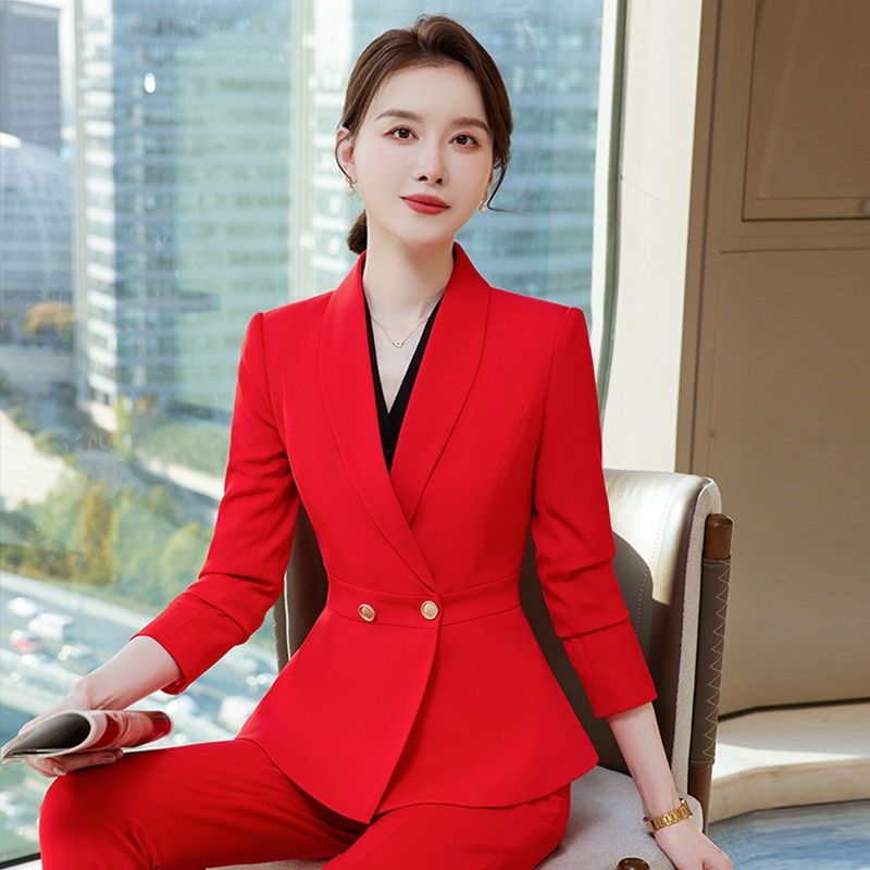 ChicShe roter Hosenanzug für Damen, Herbstmode, elegant, formell, hochwertig, professionelle Kleidung, Blazer für Empfangsleiterinnen, Arbeitskleidung_voghion.com