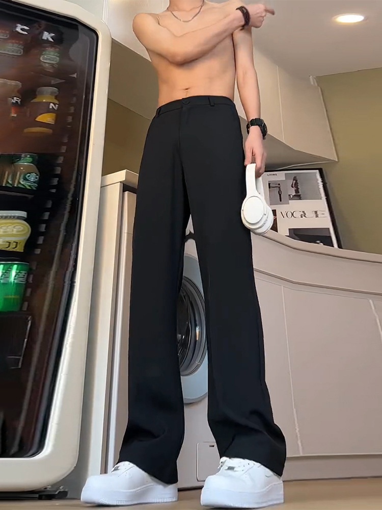 boy Black Straight-Leg Trousers With Draped Feel, High-End Scimitar Flared For Men, Spring And Autumn Long Casual Suit Pants_voghion.com
