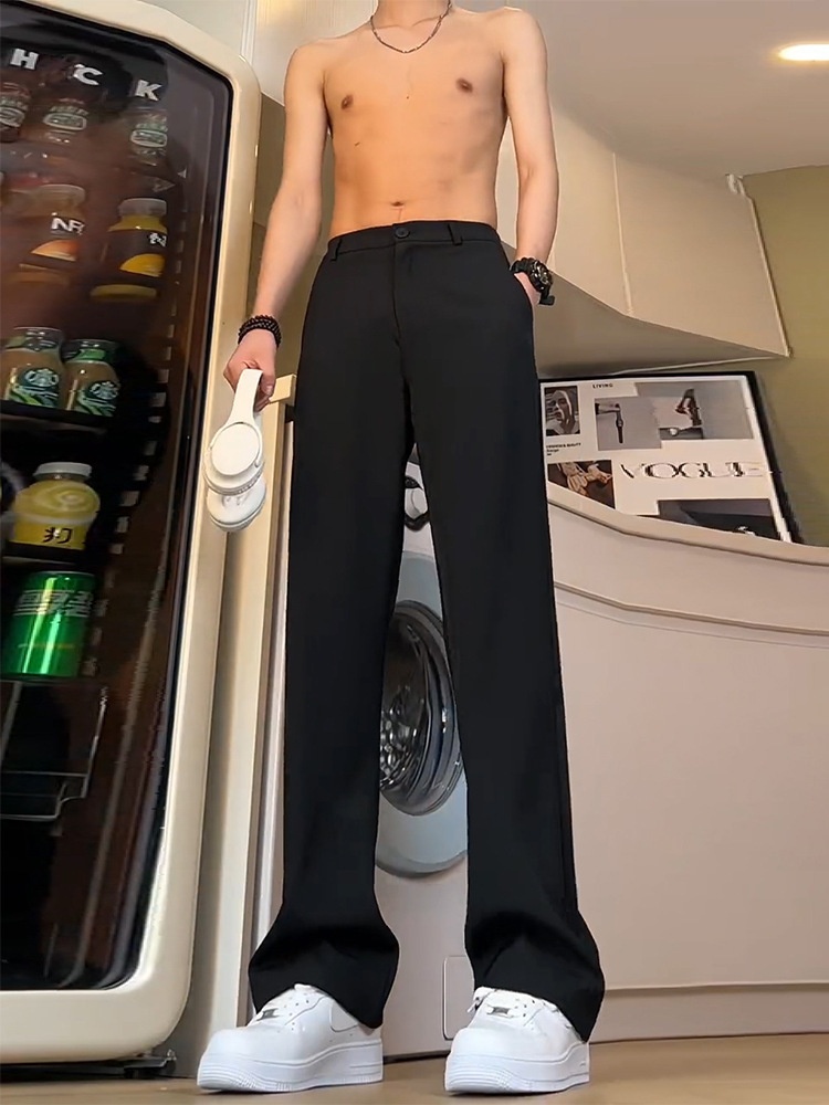 boy Black Straight-Leg Trousers With Draped Feel, High-End Scimitar Flared For Men, Spring And Autumn Long Casual Suit Pants_voghion.com