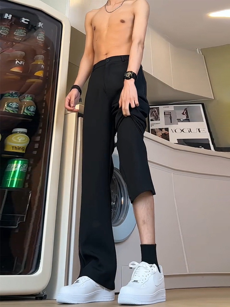 boy Black Straight-Leg Trousers With Draped Feel, High-End Scimitar Flared For Men, Spring And Autumn Long Casual Suit Pants_voghion.com