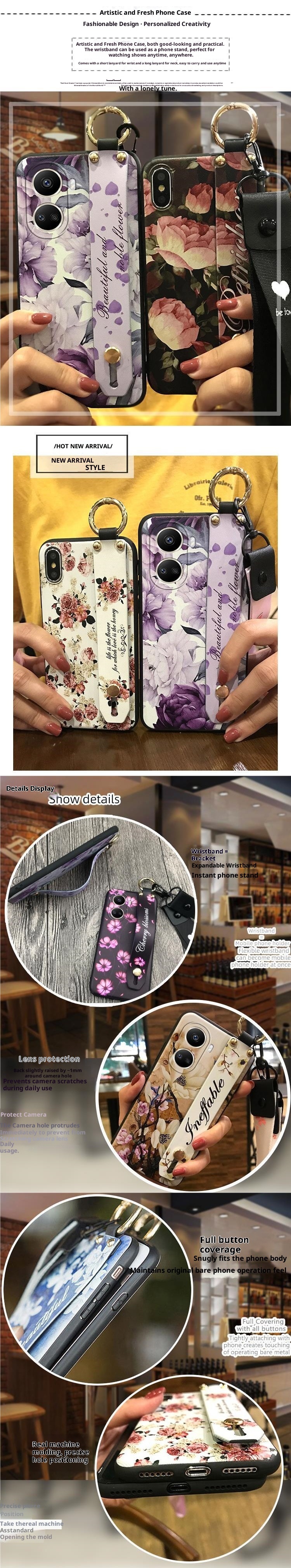 TechGlobe Compatible With IPhone Samsung Phone Case Oppo Floral Wrist Strap Texture Vivo Retro Trendy Xiaomi Shockproof Huawei_voghion.com