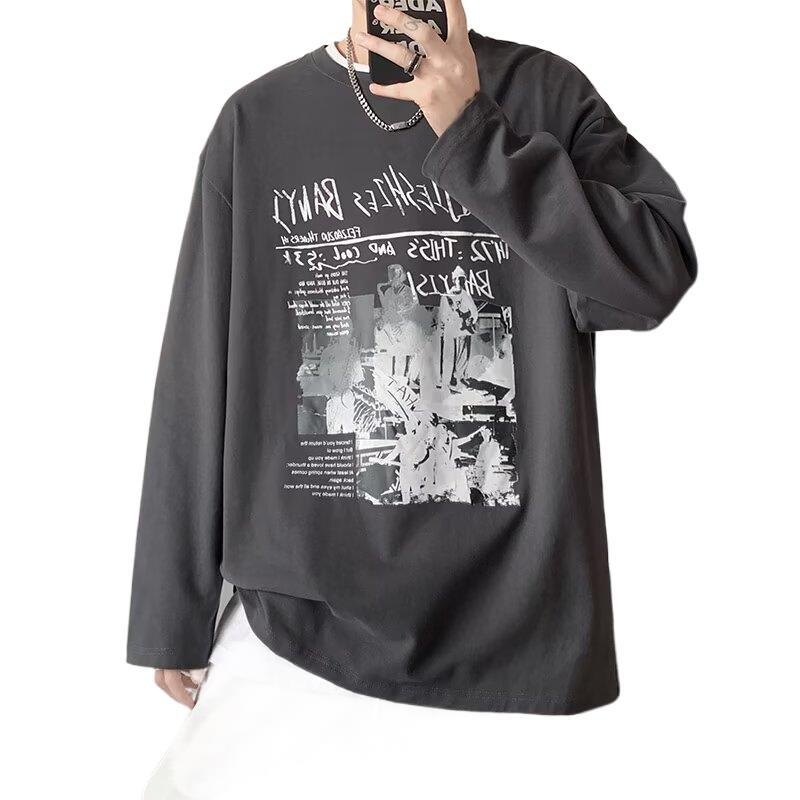 QFV507045555501<2 Maglietta a maniche lunghe da uomo European Street, maglietta interna retrò americana, base larga pesante primaverile e autunnale_voghion.com