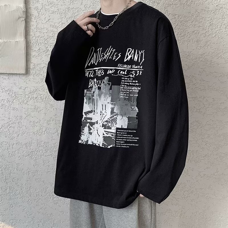 QFV507045555501<2 Maglietta a maniche lunghe da uomo European Street, maglietta interna retrò americana, base larga pesante primaverile e autunnale_voghion.com