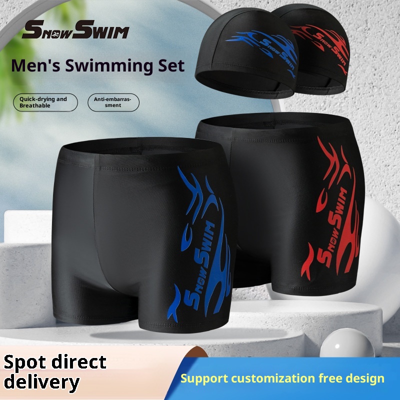 001 Factory Direct Men's Boxer Polyester Flame Hot Spring Comfortable Plus Size Adult Quick-Dry Trunks Swim Cap Set_voghion.com