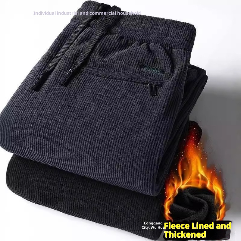 Pantaloni della tuta da uomo in velluto a coste spesso, con elastico in vita, autunno inverno, larghi e dritti, foderati in pile_voghion.com