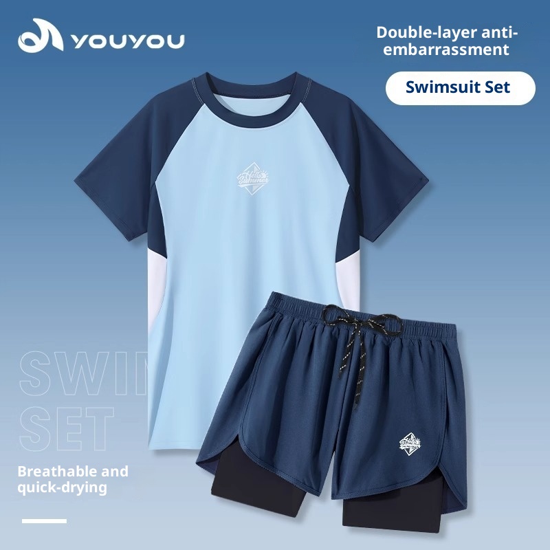 001 Swimwear Set New Adult Swimsuit Youth Double Layer Swim Trunks Anti-Embarrassment Men's Hot Spring Gear_voghion.com