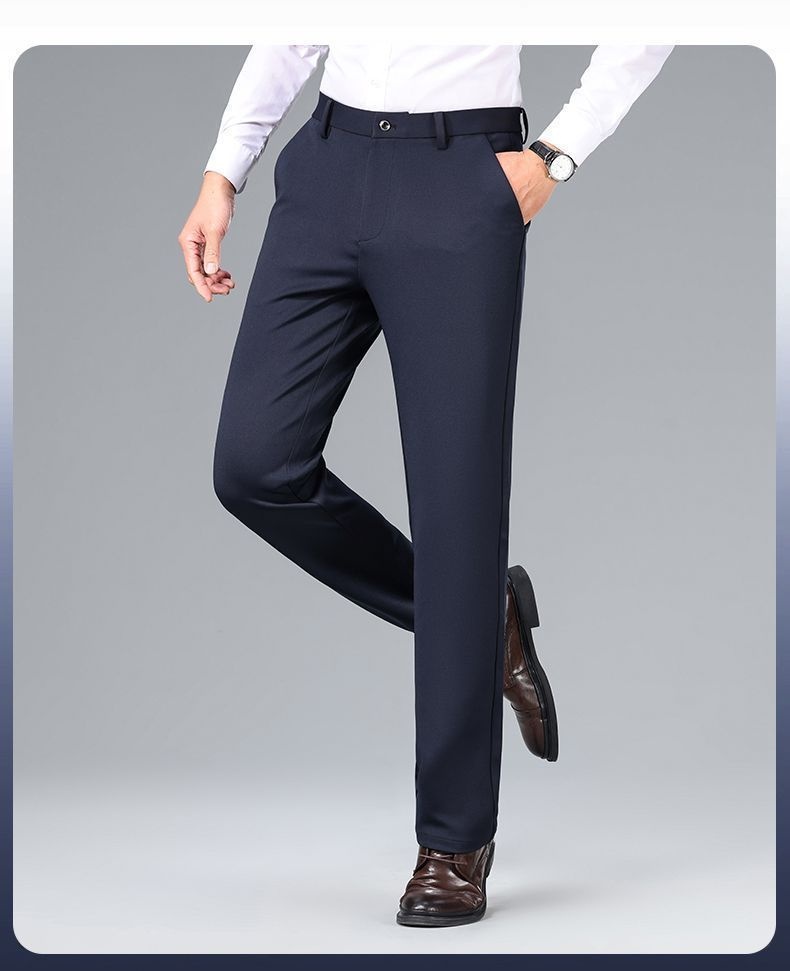 Jongen Lente en herfst elastische herenjurk strijkvrij recht hoge taille diep kruis zakelijke dikke casual broek_voghion.com