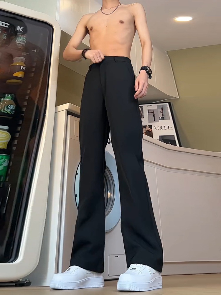 boy Black Straight-Leg Trousers With Draped Feel, High-End Scimitar Flared For Men, Spring And Autumn Long Casual Suit Pants_voghion.com