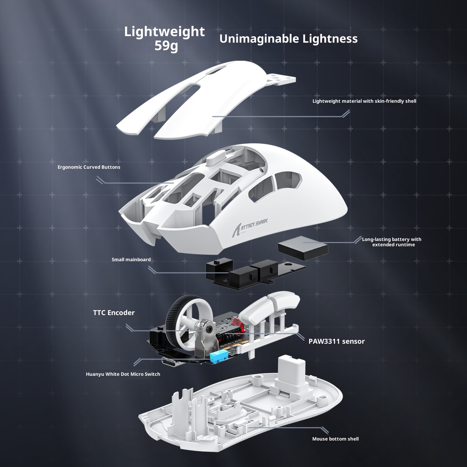 Digitex Digitex Attack Shark R1 Lightweight PAW3311 E-sports Gaming Three-mode Bluetooth Wireless Laptop Mouse_voghion.com