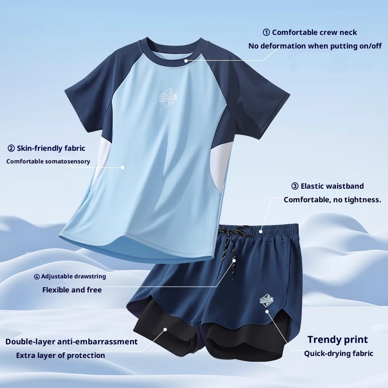 001 Swimwear Set New Adult Swimsuit Youth Double Layer Swim Trunks Anti-Embarrassment Men's Hot Spring Gear_voghion.com