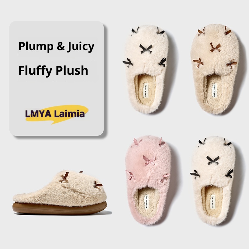 Zees Bowknot For Women Winter Indoor Thick Sole Furry Home Plush Warm Cotton Slippers_voghion.com