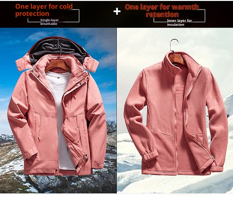 001 Outdoor Jacket Women Three-in-One Suit Men Fleece-Lined Thickened Detachable Two-Piece Set Warm Windproof Plu Size_voghion.com