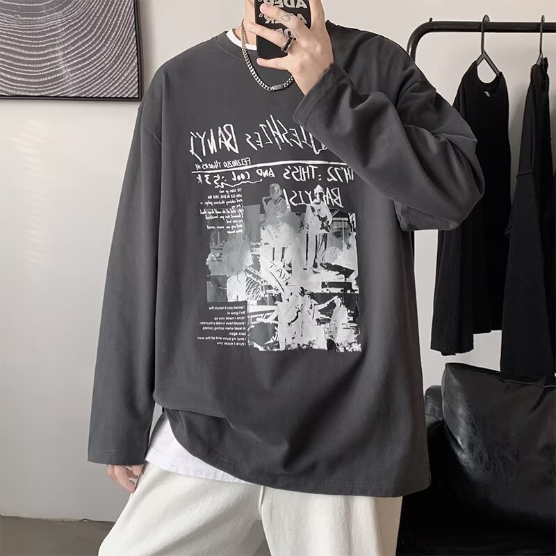 QFV507045555501<2 Maglietta a maniche lunghe da uomo European Street, maglietta interna retrò americana, base larga pesante primaverile e autunnale_voghion.com