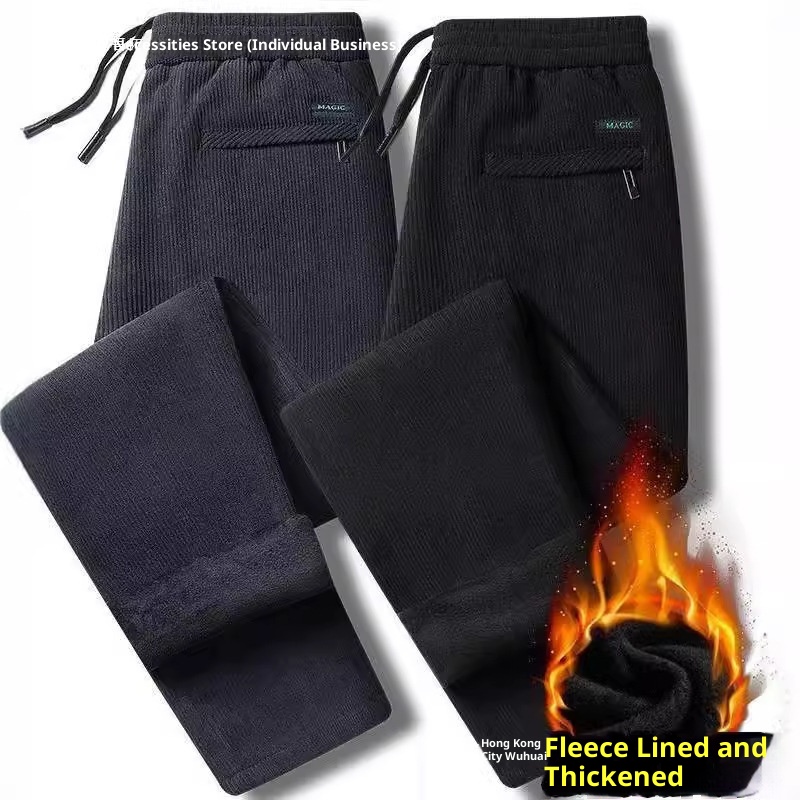 Pantaloni della tuta da uomo in velluto a coste spesso, con elastico in vita, autunno inverno, larghi e dritti, foderati in pile_voghion.com