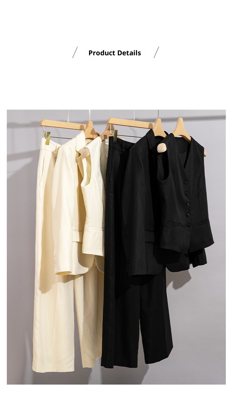 ChicShe Linen Small For Women One Button Three Piece Set Vest Professional Suit Straight Wide Leg Pants 24 Autumn New Style_voghion.com