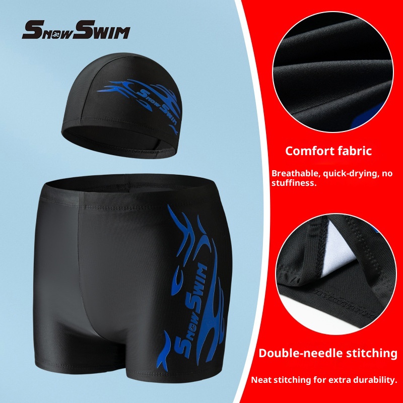 001 Factory Direct Men's Boxer Polyester Flame Hot Spring Comfortable Plus Size Adult Quick-Dry Trunks Swim Cap Set_voghion.com