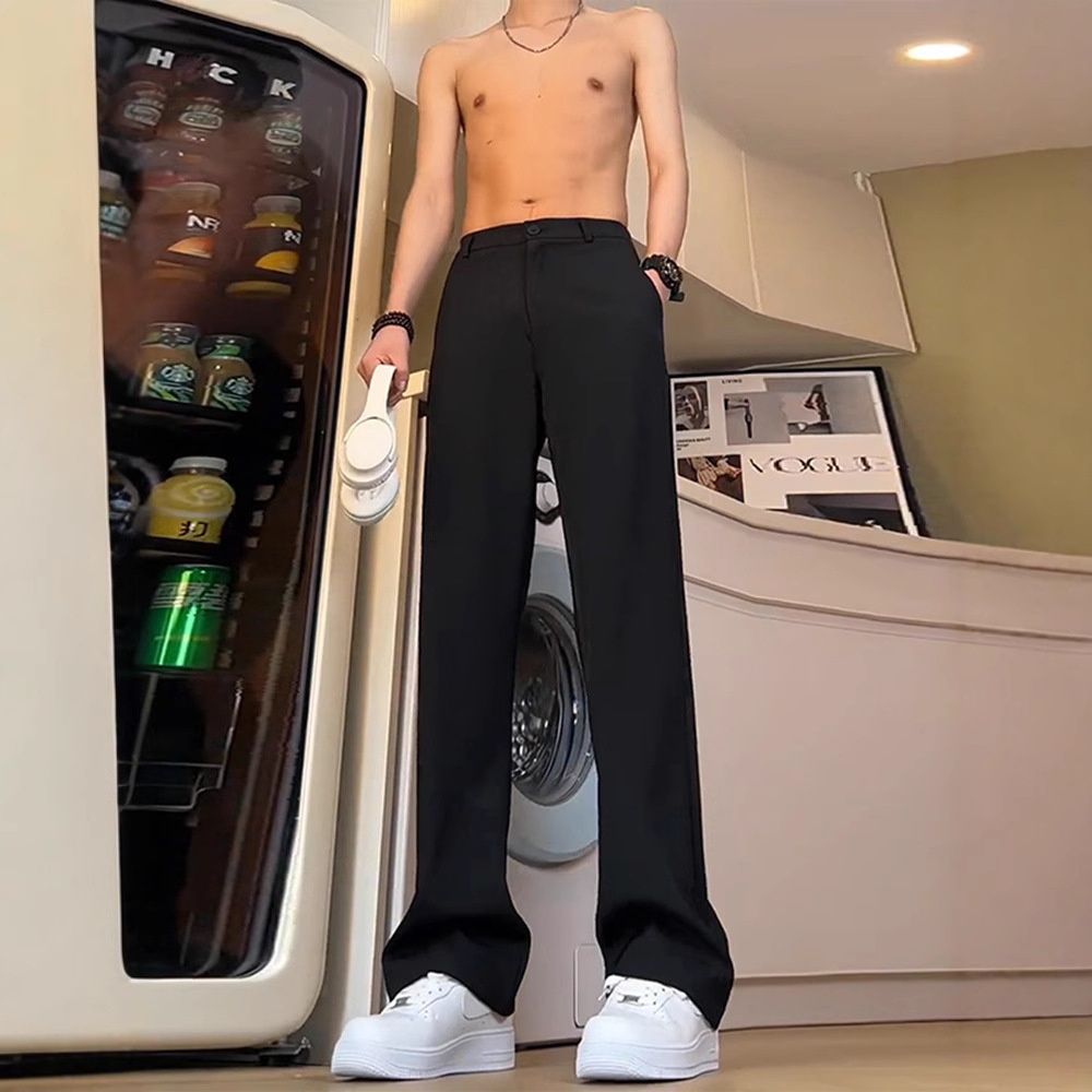 boy Black Straight-Leg Trousers With Draped Feel, High-End Scimitar Flared For Men, Spring And Autumn Long Casual Suit Pants_voghion.com