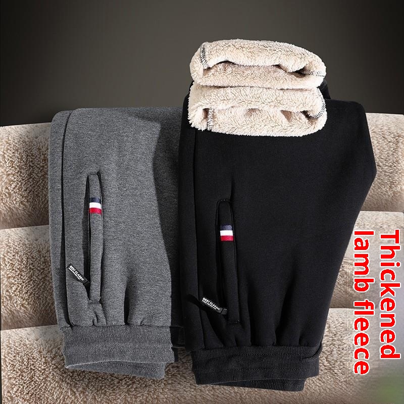 boy Autumn Winter Lamb Wool Casual Men's Fleece Lined Thickened Plus Size Loose Fit Joggers Cuffed Straight Leg Warm Pants_voghion.com