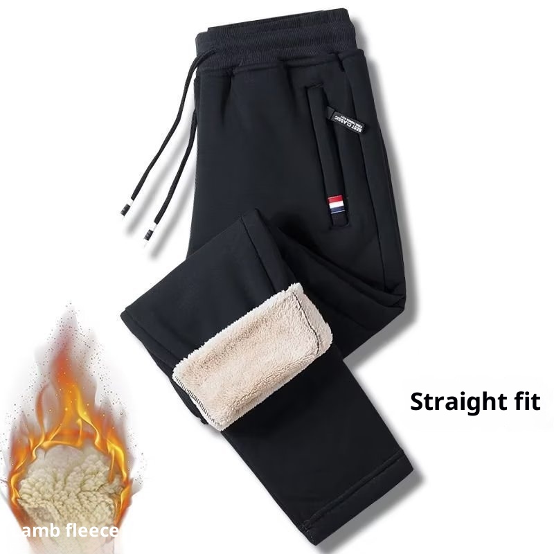 boy Autumn Winter Lamb Wool Casual Men's Fleece Lined Thickened Plus Size Loose Fit Joggers Cuffed Straight Leg Warm Pants_voghion.com