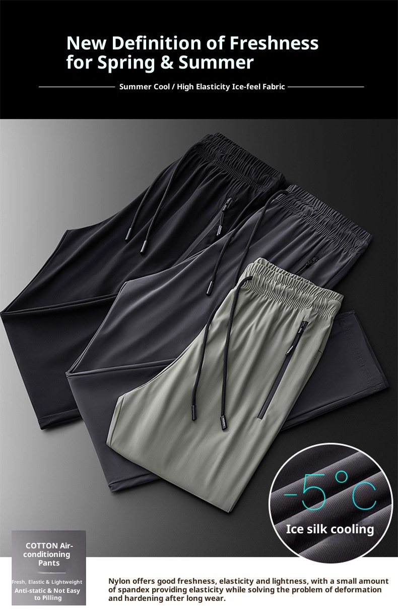 Pantaloni sportivi elastici da uomo, pantaloni estivi sottili in seta ghiacciata di grandi dimensioni, pantaloni lunghi dritti casual traspiranti ad asciugatura rapida per uomo_voghion.com