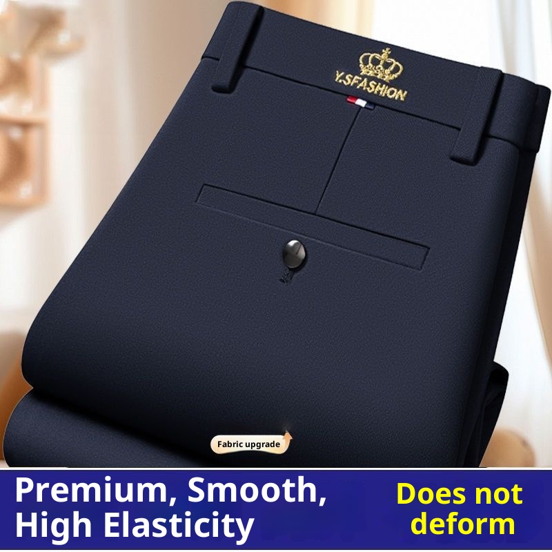 Jongen Lente en herfst elastische herenjurk strijkvrij recht hoge taille diep kruis zakelijke dikke casual broek_voghion.com