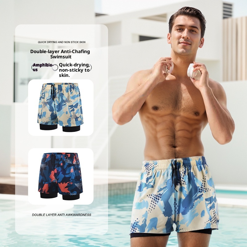 001 Men' Swimming New Double Layer Large Size Looe Printed Adult Profeional Quick-Dry Hot Spring Swim Trunk Beach_voghion.com