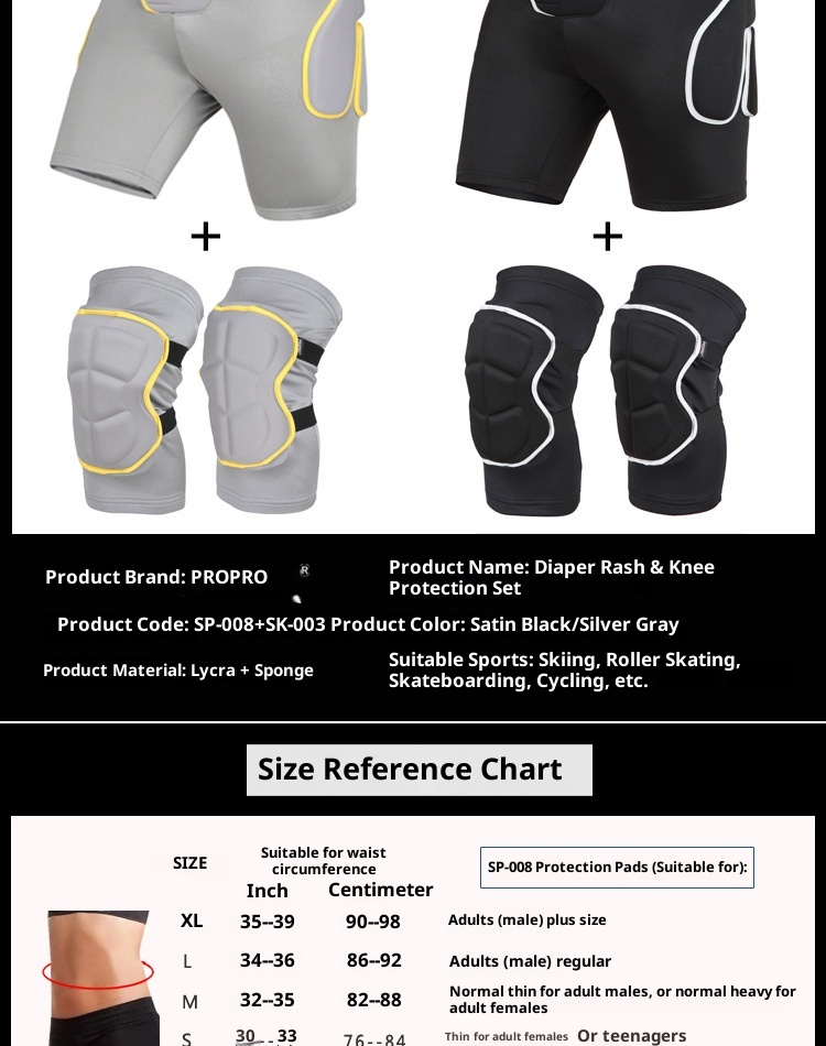 001 Propro Set di protezioni per anca e ginocchio da snowboard, pantaloni anticaduta per adulti, attrezzatura da sci unisex_voghion.com