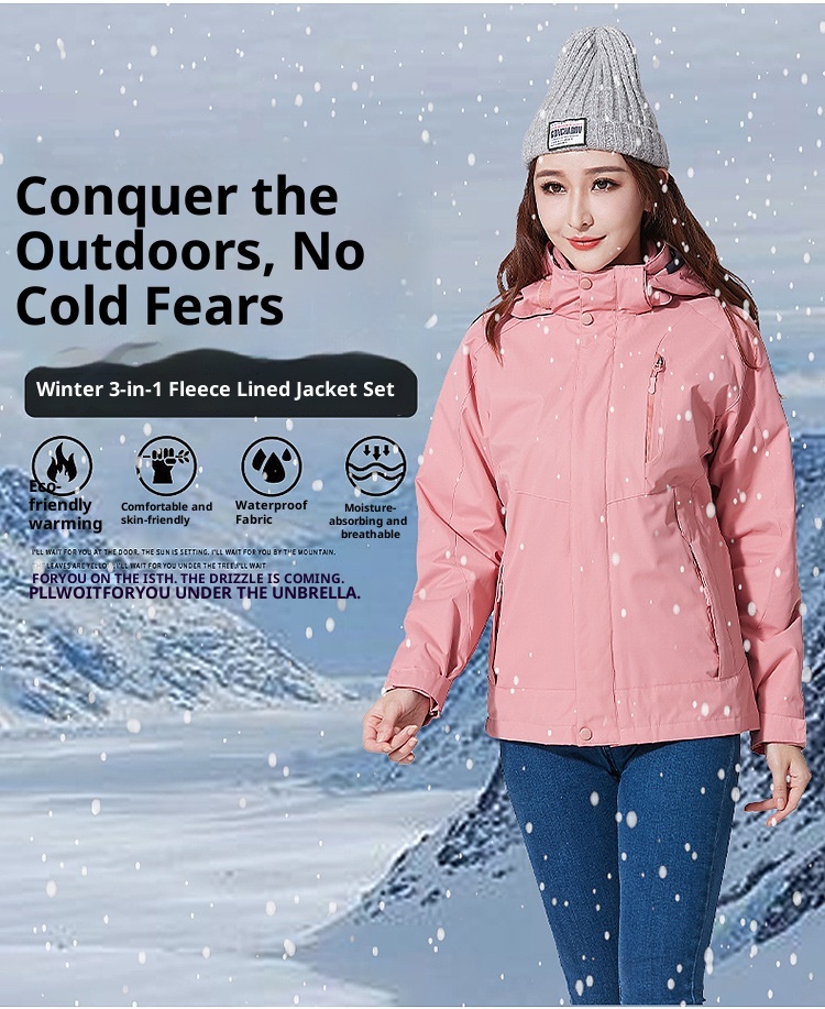 001 Outdoor Jacket Women Three-in-One Suit Men Fleece-Lined Thickened Detachable Two-Piece Set Warm Windproof Plu Size_voghion.com