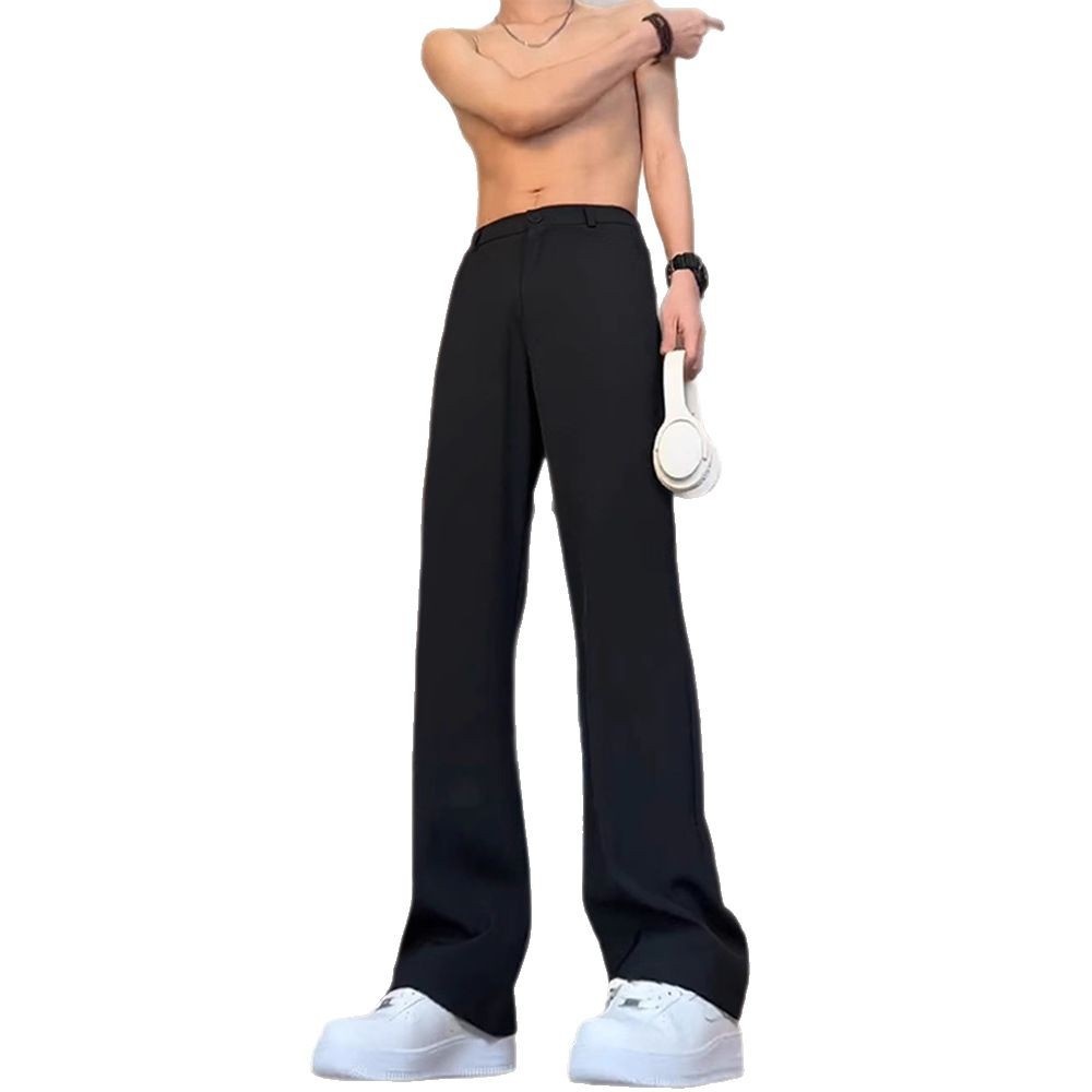 boy Black Straight-Leg Trousers With Draped Feel, High-End Scimitar Flared For Men, Spring And Autumn Long Casual Suit Pants_voghion.com