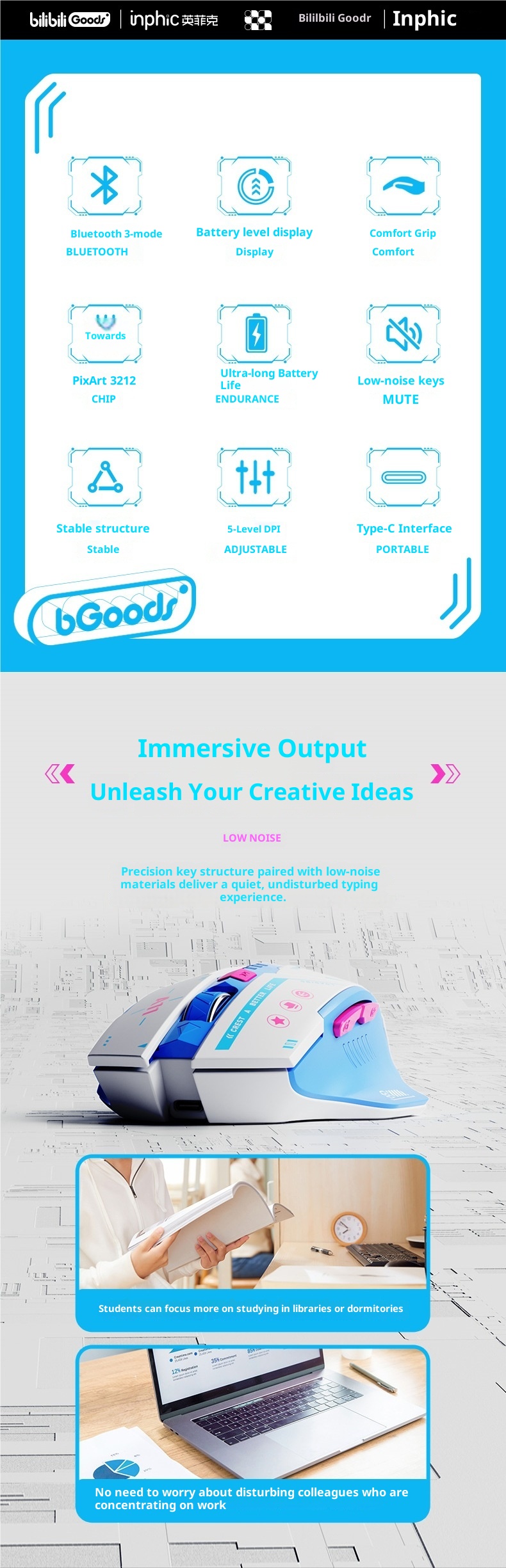 Digitex Digitex A11 Bilibili Collaboration Bluetooth Three-Mode Wireless Mouse Rechargeable Silent Laptop_voghion.com