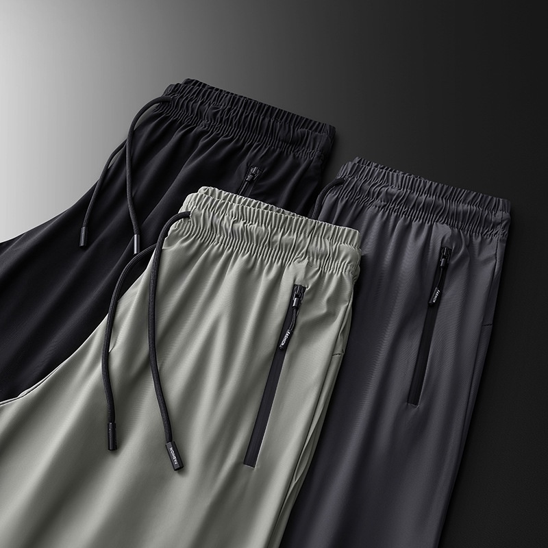 Pantaloni sportivi elastici da uomo, pantaloni estivi sottili in seta ghiacciata di grandi dimensioni, pantaloni lunghi dritti casual traspiranti ad asciugatura rapida per uomo_voghion.com