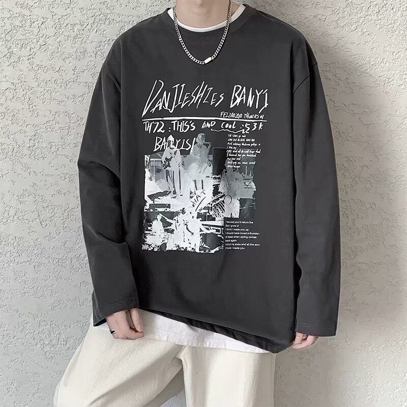 QFV507045555501<2 Maglietta a maniche lunghe da uomo European Street, maglietta interna retrò americana, base larga pesante primaverile e autunnale_voghion.com