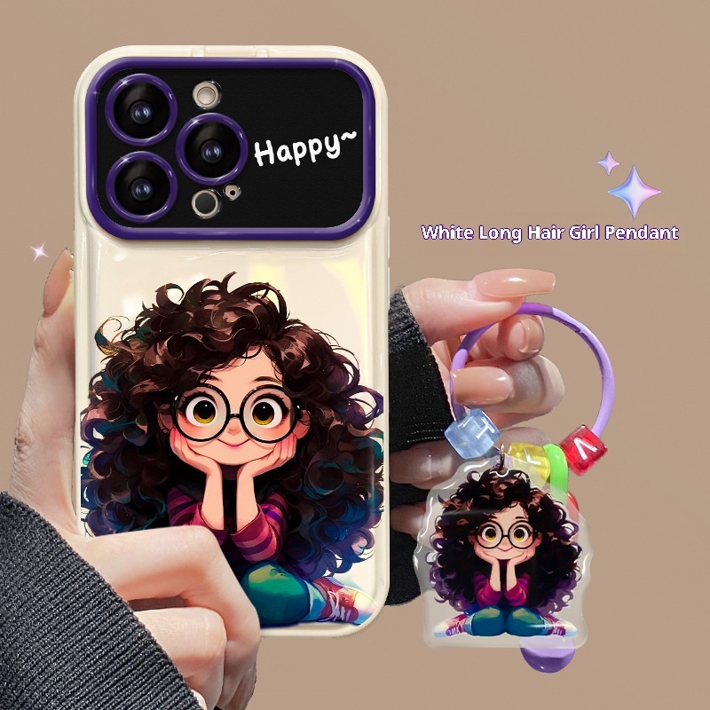 TechGlobe Compatible With 15 Pro Max Phone Case IPhone 14 Curly Hair Glasses Girl Pendant 13 Flip Cover Mirror Silicone_voghion.com