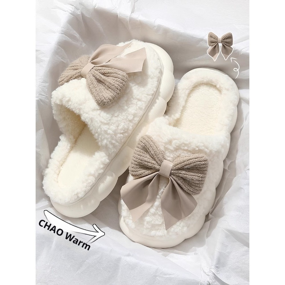 Zees Closed-Toe Cotton Autumn And Indoor Bowknot Warm Thick-Soled Home Furry Slippers For Women, Postpartum Winter_voghion.com