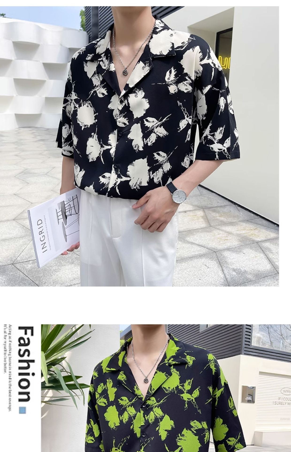 ForMen Light Mature Style Men's Ice Silk Draped Short Sleeve Summer Trendy Loose Cuban Collar Floral Shirt_voghion.com
