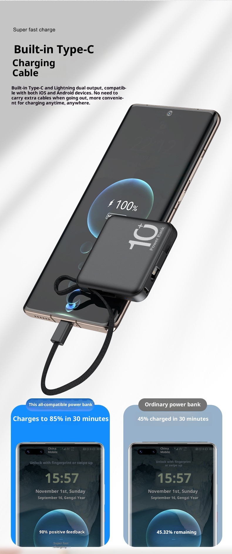 techglobe Neue Mini-Powerbank mit großer Kapazität (10000 mAh) und integriertem Schnellladekabel – Kompaktes, tragbares Ladegerät_voghion.com