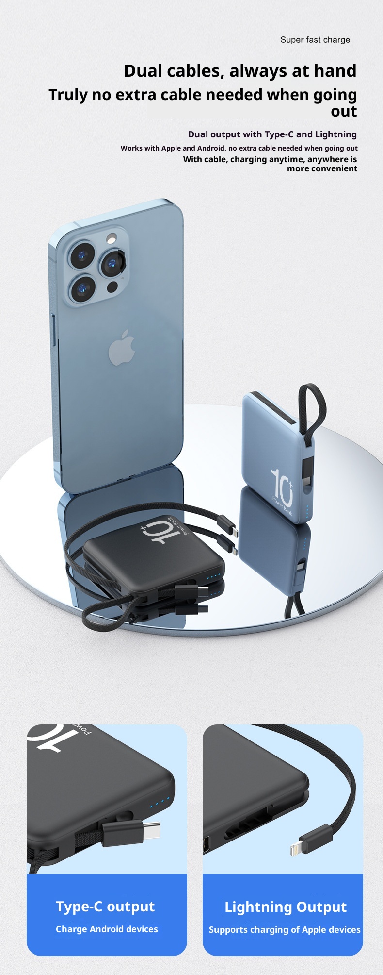 techglobe Neue Mini-Powerbank mit großer Kapazität (10000 mAh) und integriertem Schnellladekabel – Kompaktes, tragbares Ladegerät_voghion.com