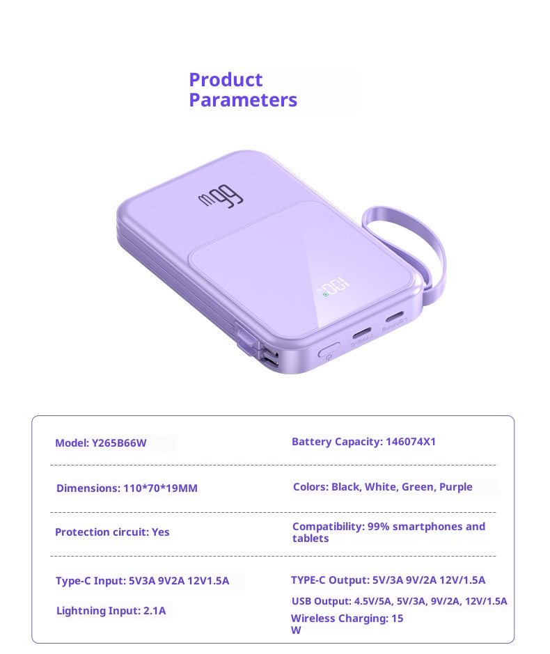 TechGlobe Built-in Dual-Wire Magnetic Wireless Charging Power Bank 10000mAh Mini Compact Portable Charger_voghion.com