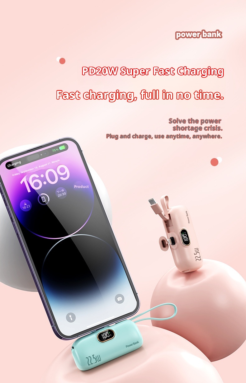 techglobe Cross-Border Digital Display Mini Compact Portable Capsule Pocket Bank 22.5W Fast Charging Mobile Power Wholesale_voghion.com