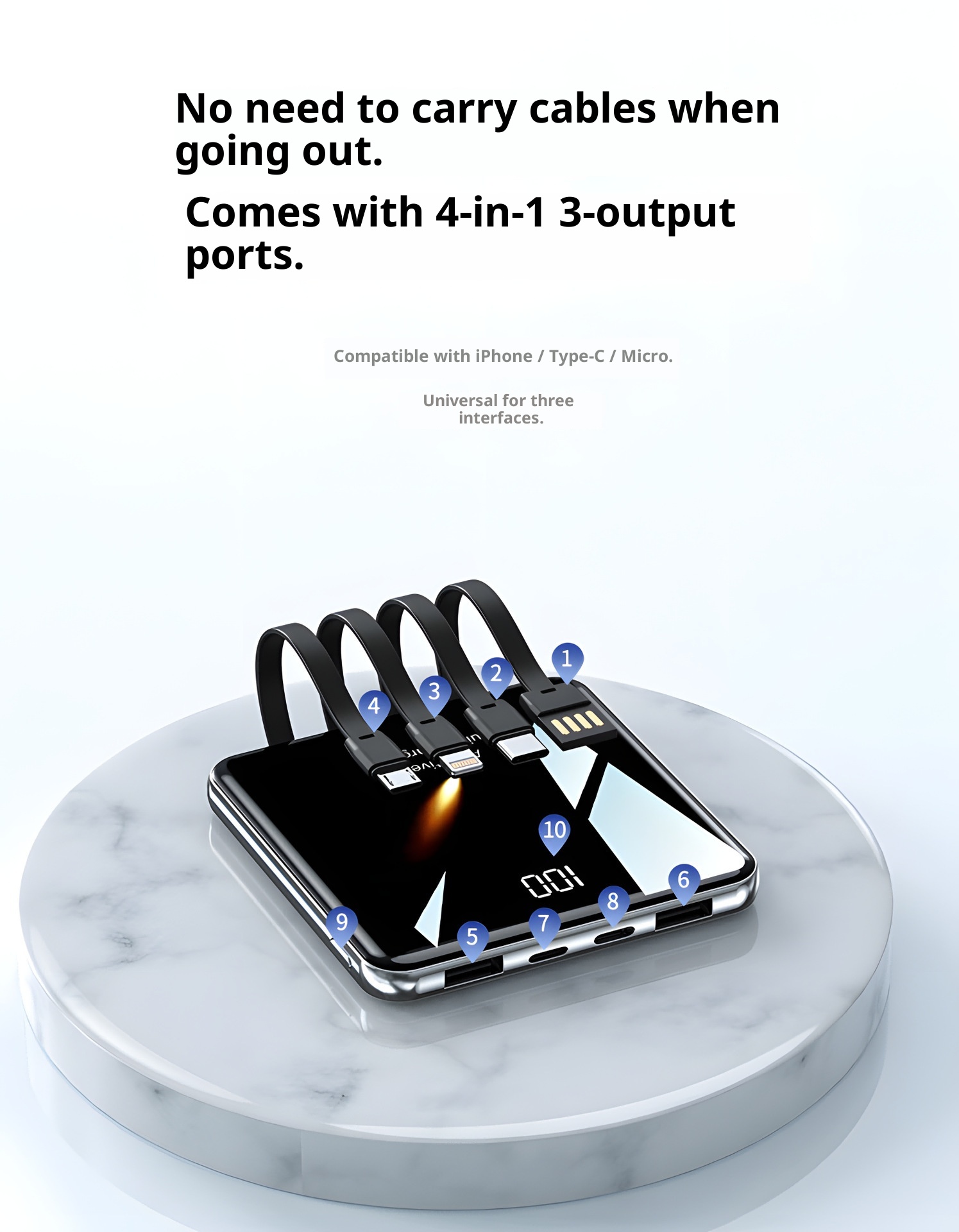 techglobe 3C Certified Mini Built-in Cable 20000mAh Ultra-Thin Bank Fast Charging Mobile Power High-End Gift Custom_voghion.com